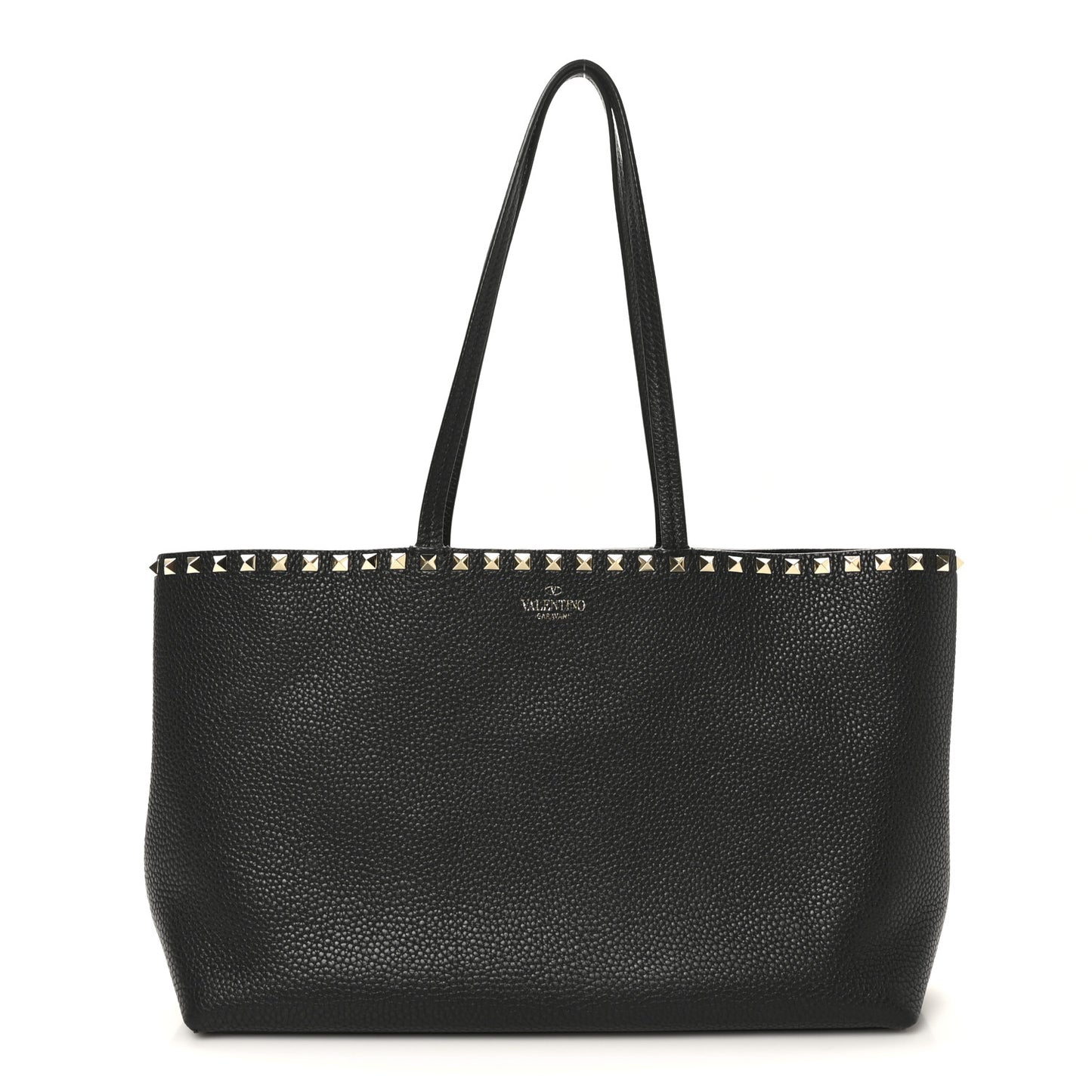 Grained Calfskin Small Rockstud Shoulder Tote Black