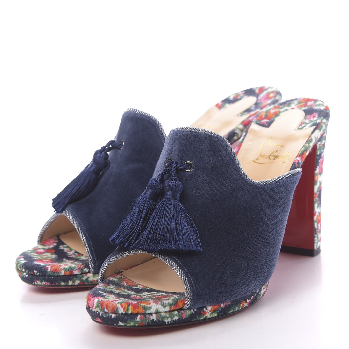 Velvet Cotton Denim Fiori Vienne 100 Slide Sandals 41 Multicolor Navy