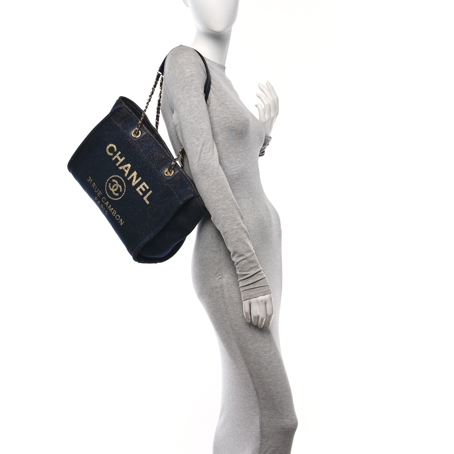 Chanel Lurex Canvas Small Deauville Tote Navy Blue Gold 2 of 12