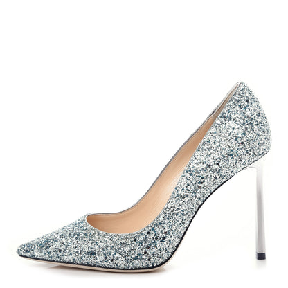 Jimmy Choo Denim Glitter Romy 100 Pumps 37 Silver Blue 1 of 10