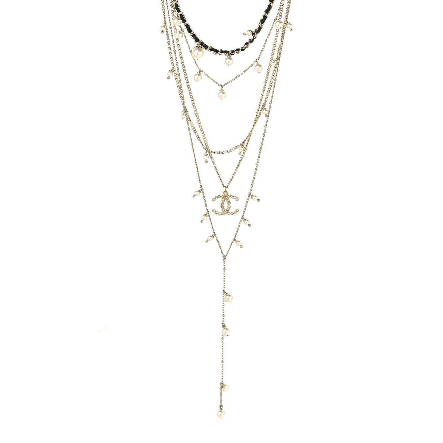 Pearl Crystal Lambskin CC Short Multi Strand Necklace Gold Black