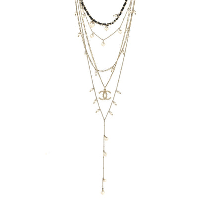 Chanel Pearl Crystal Lambskin CC Short Multi Strand Necklace Gold Black 1 of 4