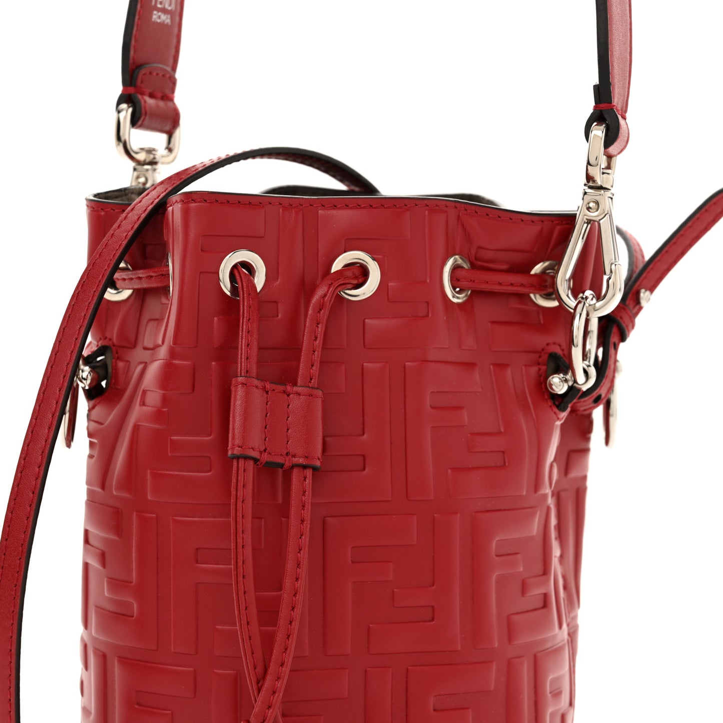 Vitello Liberty F is Fendi FF 1974 Embossed Mini Mon Tresor Bucket Bag Fragola