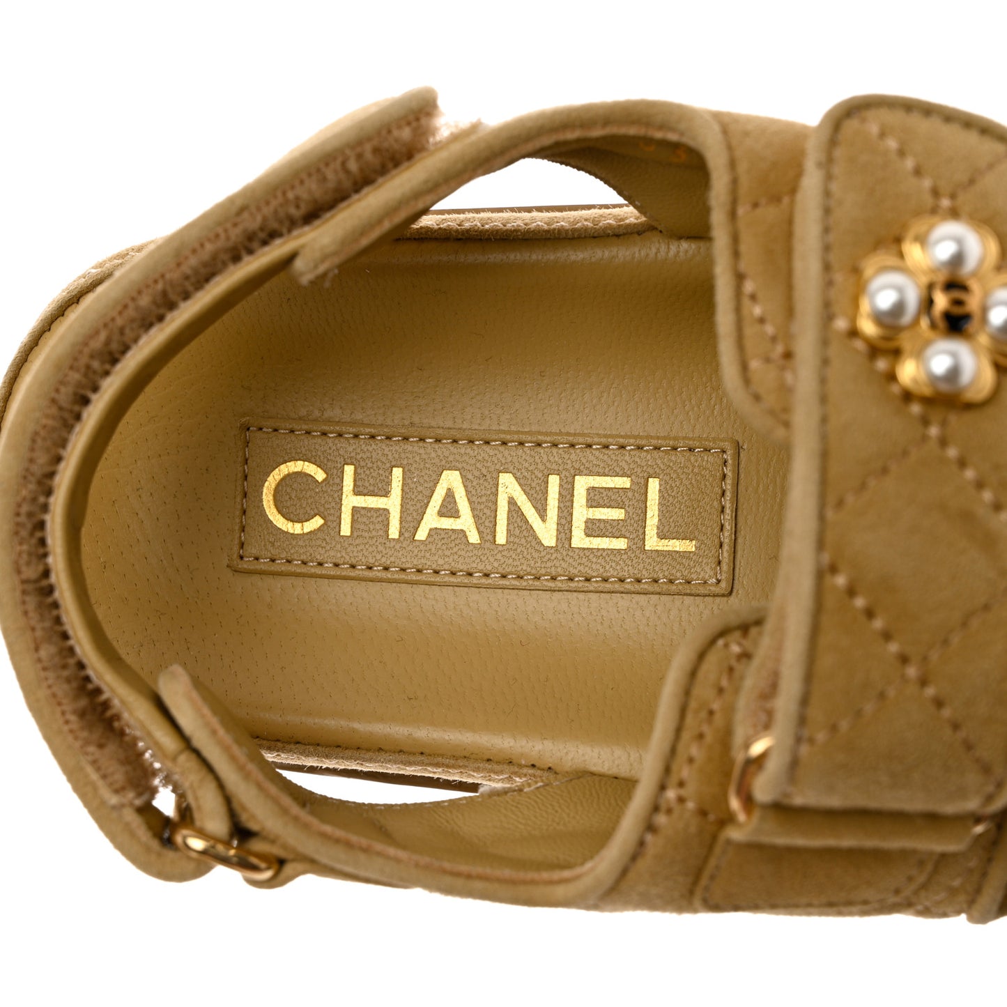 Suede Calfskin Pearl Velcro Dad Sandals 35 Beige
