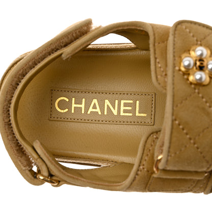Chanel Suede Calfskin Pearl Velcro Dad Sandals 35 Beige 7 of 9