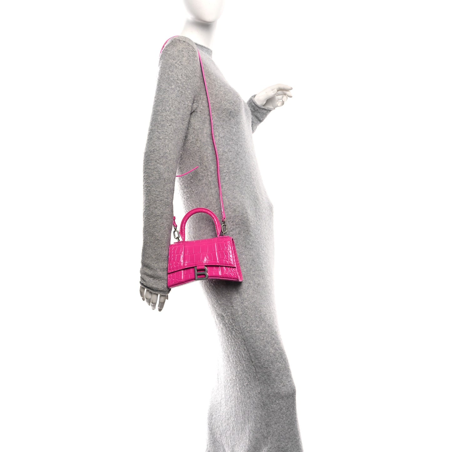 Shiny Calfskin Crocodile Embossed Hourglass Top Handle Bag XS Lipstick Pink