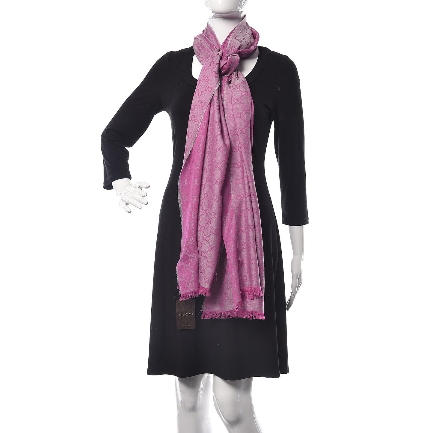 Wool Silk GG Monogram GGWeblong Fringe Scarf Shawl Zinc Pink