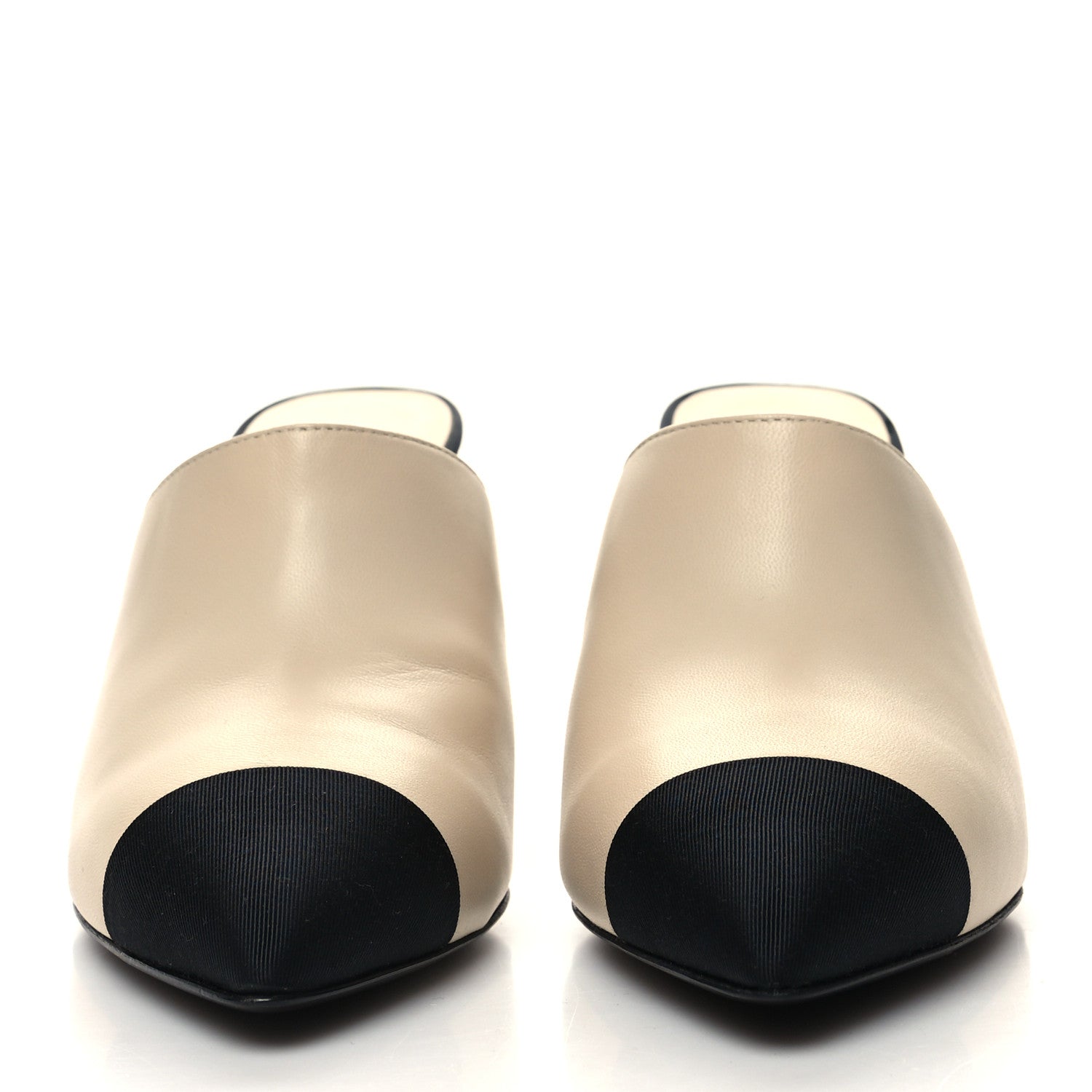Chanel Lambskin Grosgrain Cap Toe Pearl Mule 36.5 Beige Black 2 of 8