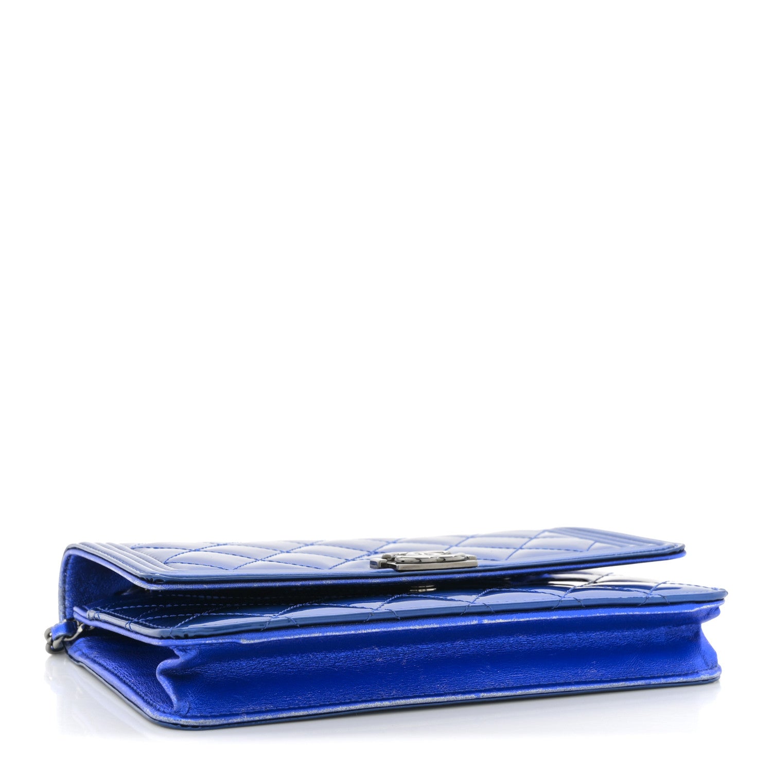 Chanel Metallic Patent Calfskin Quilted Boy Wallet on Chain WOC Blue 4 of 12