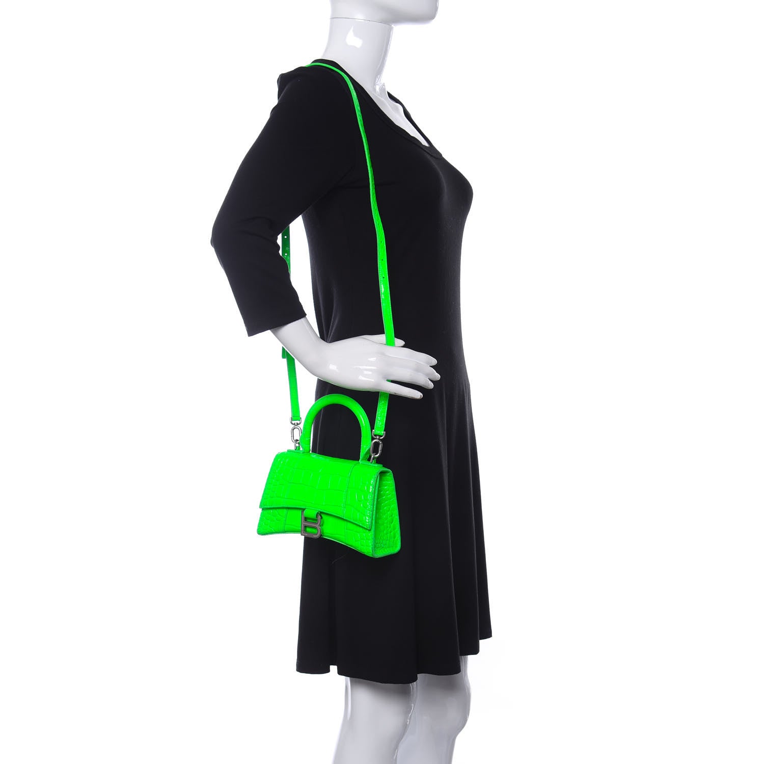Balenciaga Shiny Calfskin Crocodile Embossed Hourglass Top Handle Bag XS Fluo Green 2 of 11