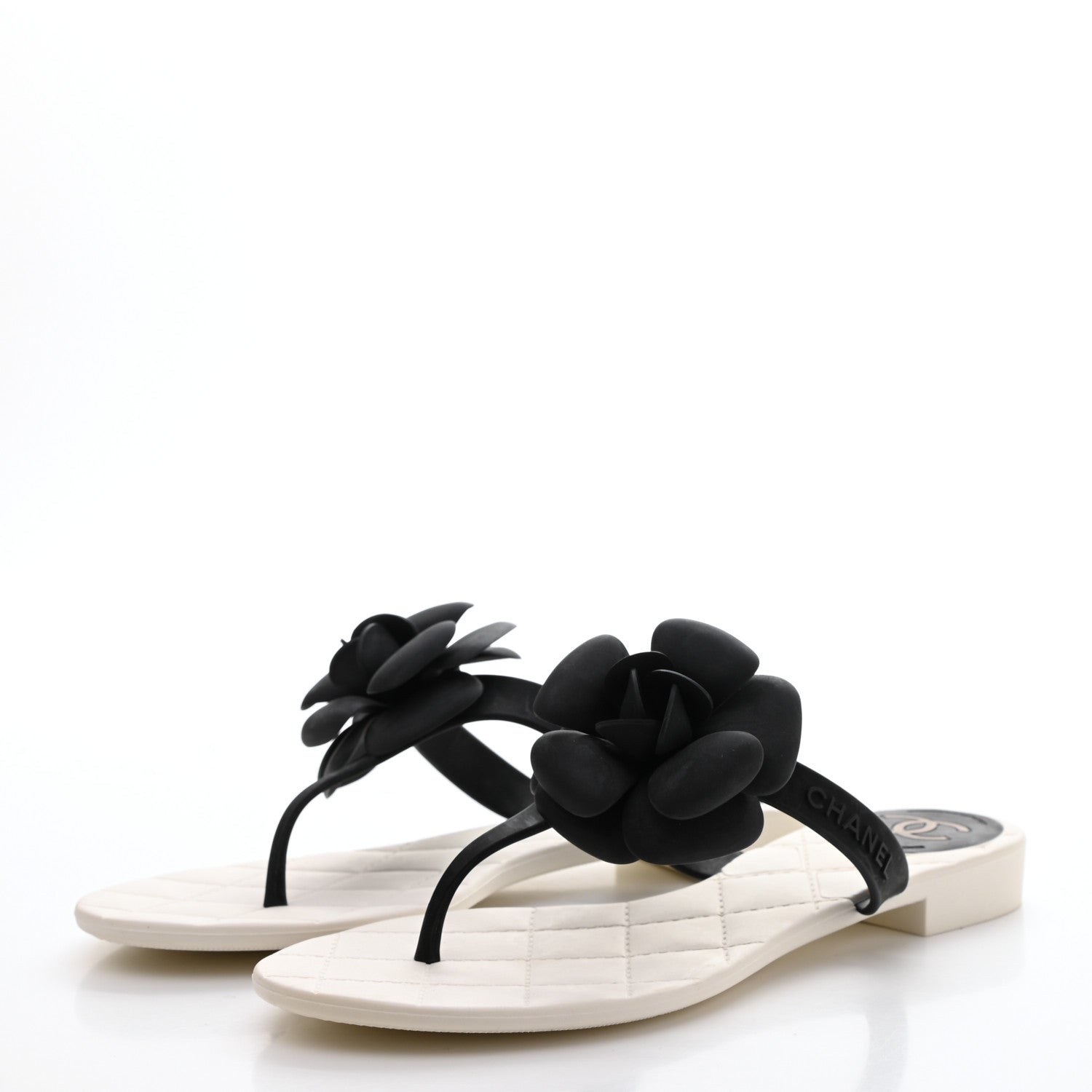 Chanel Jelly Quilted Camellia Thong Sandals 38 White Black 3 of 7
