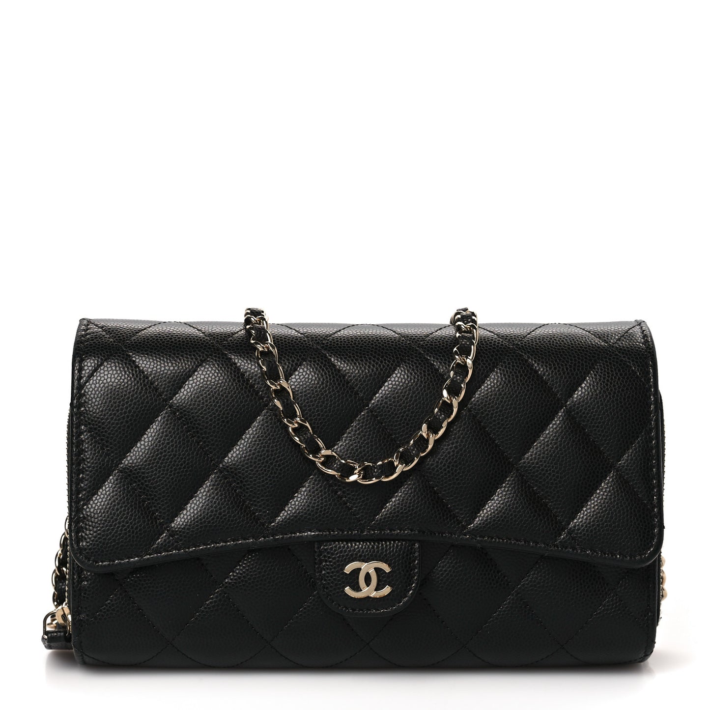Caviar Quilted Phone Holder Wallet on Removable Chain Black