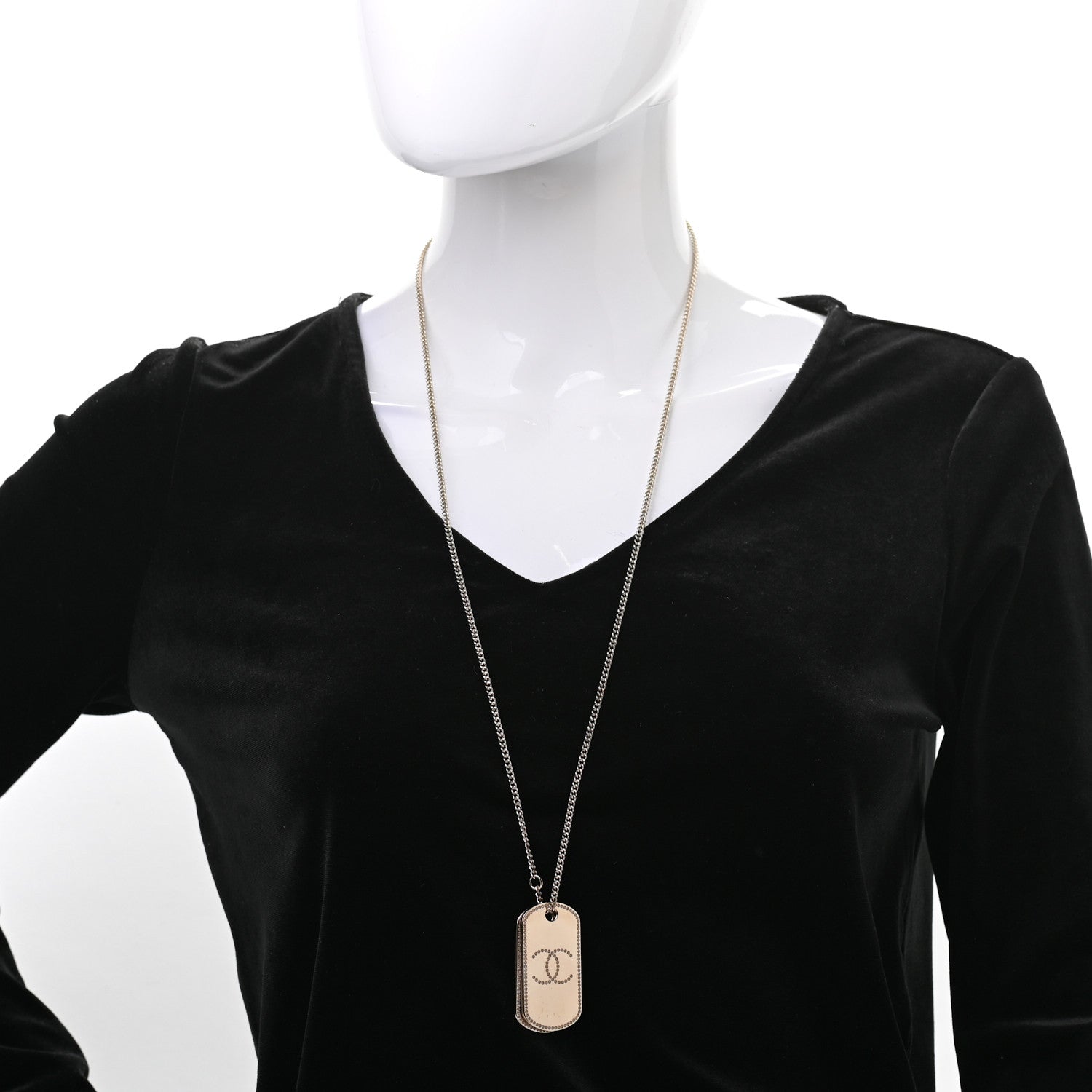 Chanel Metal Crystal Dog Tag Charm Necklace Gold 2 of 5