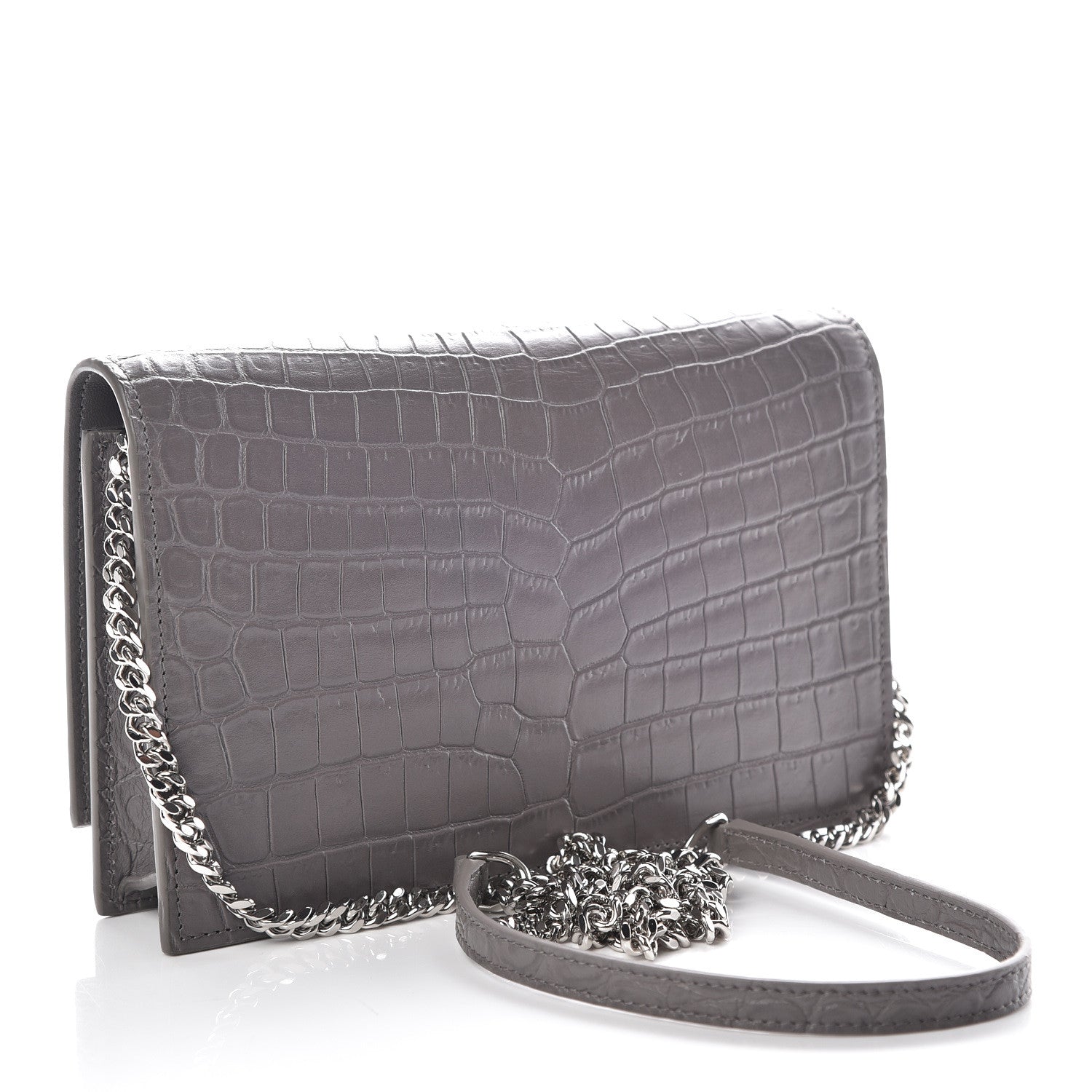 Saint Laurent Calfskin Crocodile Embossed Kate Monogram Tassel Chain Wallet Fog 3 of 9