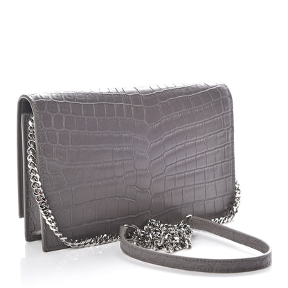 Saint Laurent Calfskin Crocodile Embossed Kate Monogram Tassel Chain Wallet Fog 3 of 9