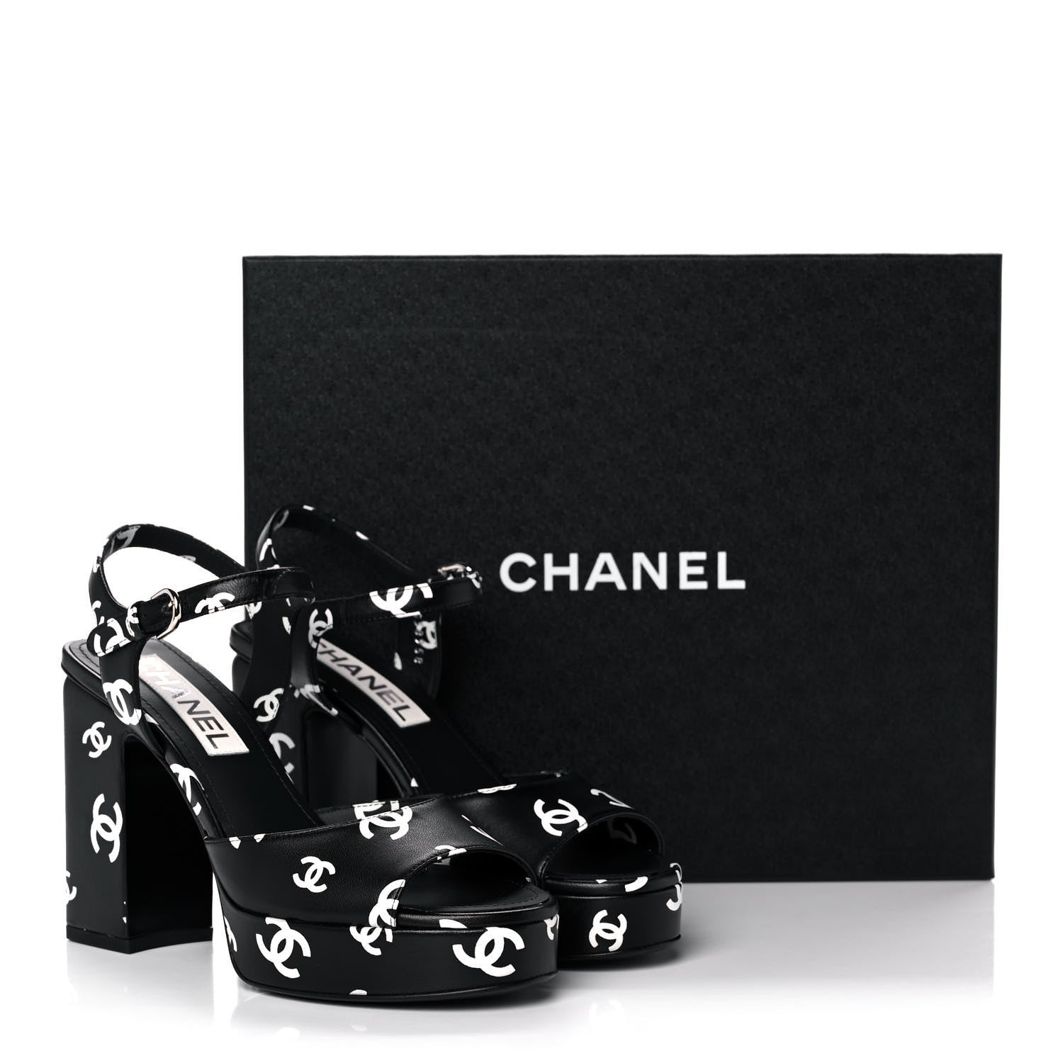Chanel Printed Lambskin Coco Beach Platform Sandals 37 Black White 9 of 9