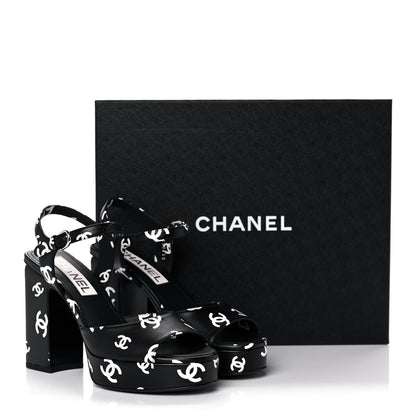 Chanel Printed Lambskin Coco Beach Platform Sandals 37 Black White 9 of 9