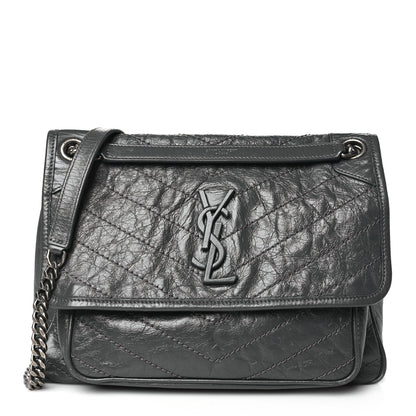 Saint Laurent Crinkled Calfskin Matelasse Monogram Medium Niki Chain Satchel Storm 1 of 10