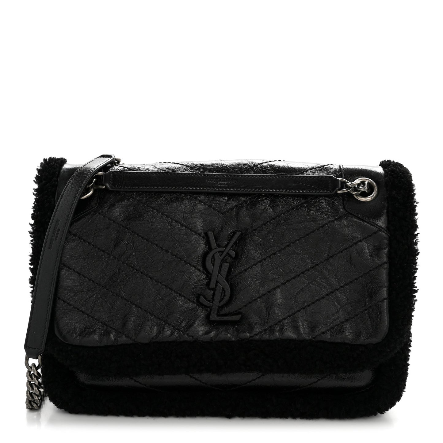 Crinkled Calfskin Shearling Monogram Medium Niki Chain Satchel Black