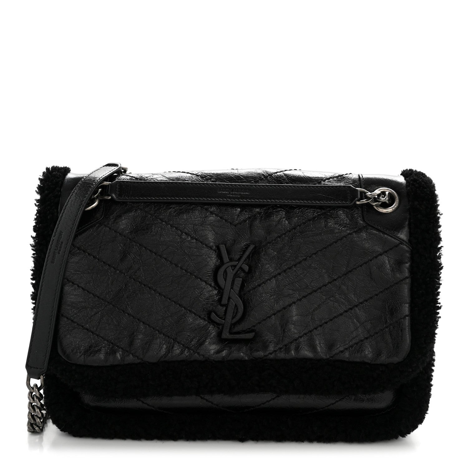 Saint Laurent Crinkled Calfskin Shearling Monogram Medium Niki Chain Satchel Black 1 of 14