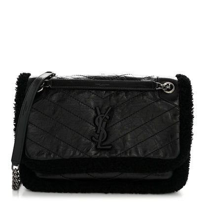 Saint Laurent Crinkled Calfskin Shearling Monogram Medium Niki Chain Satchel Black 1 of 14