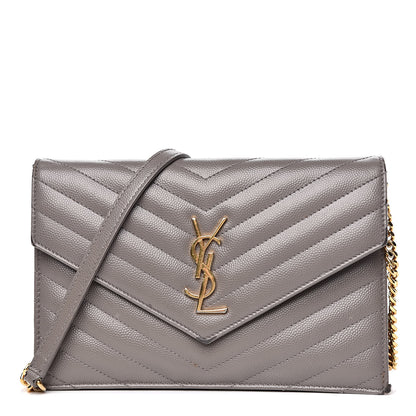 Saint Laurent Grain De Poudre Matelasse Chevron Monogram Chain Wallet Fog 1 of 15