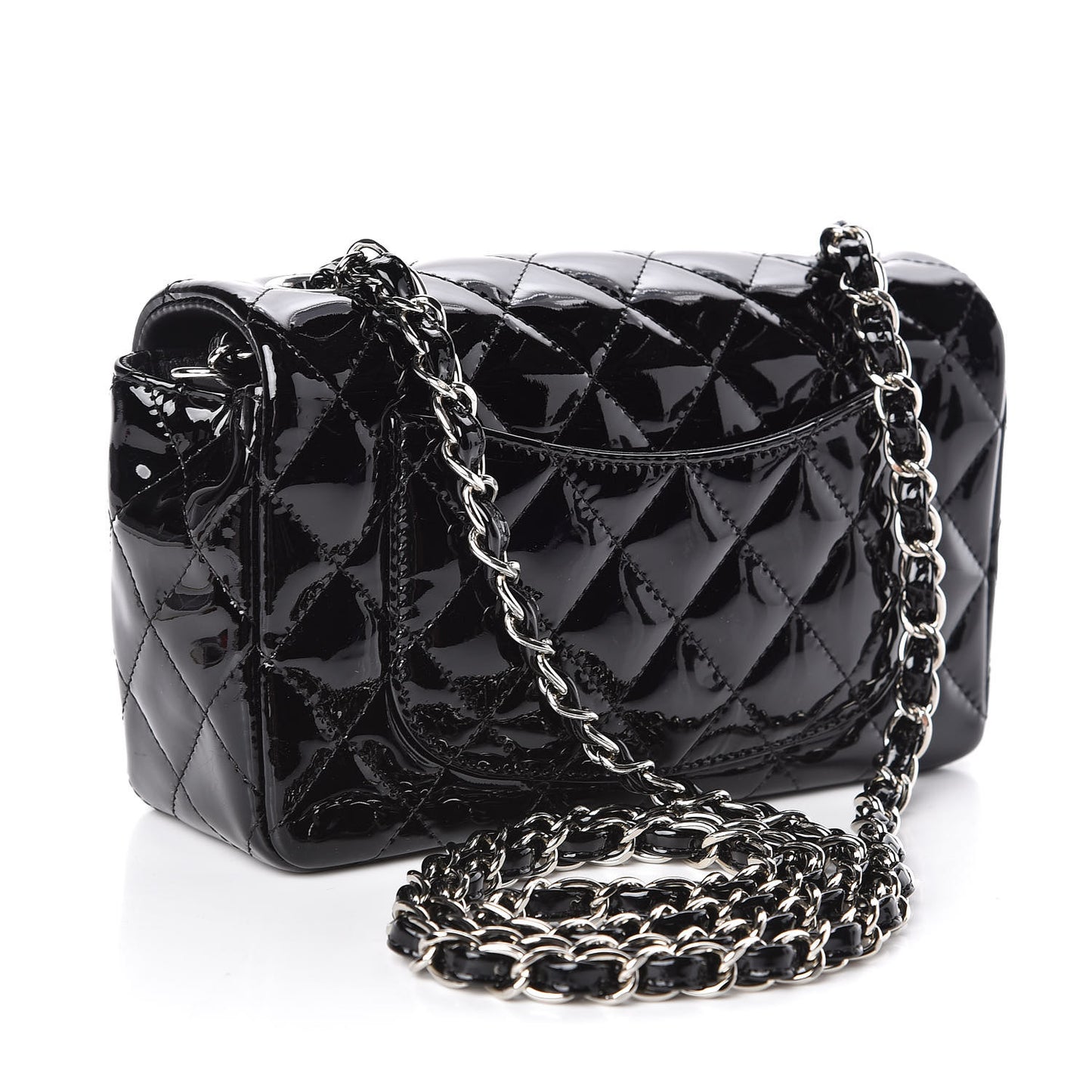 Patent Calfskin Quilted Mini Rectangular Flap Black