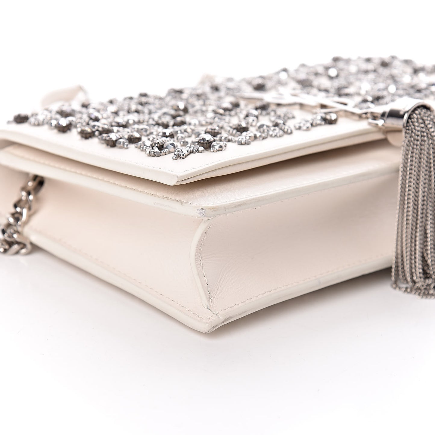 Calfskin Bead Embellished Kate Monogram Tassel Chain Wallet White