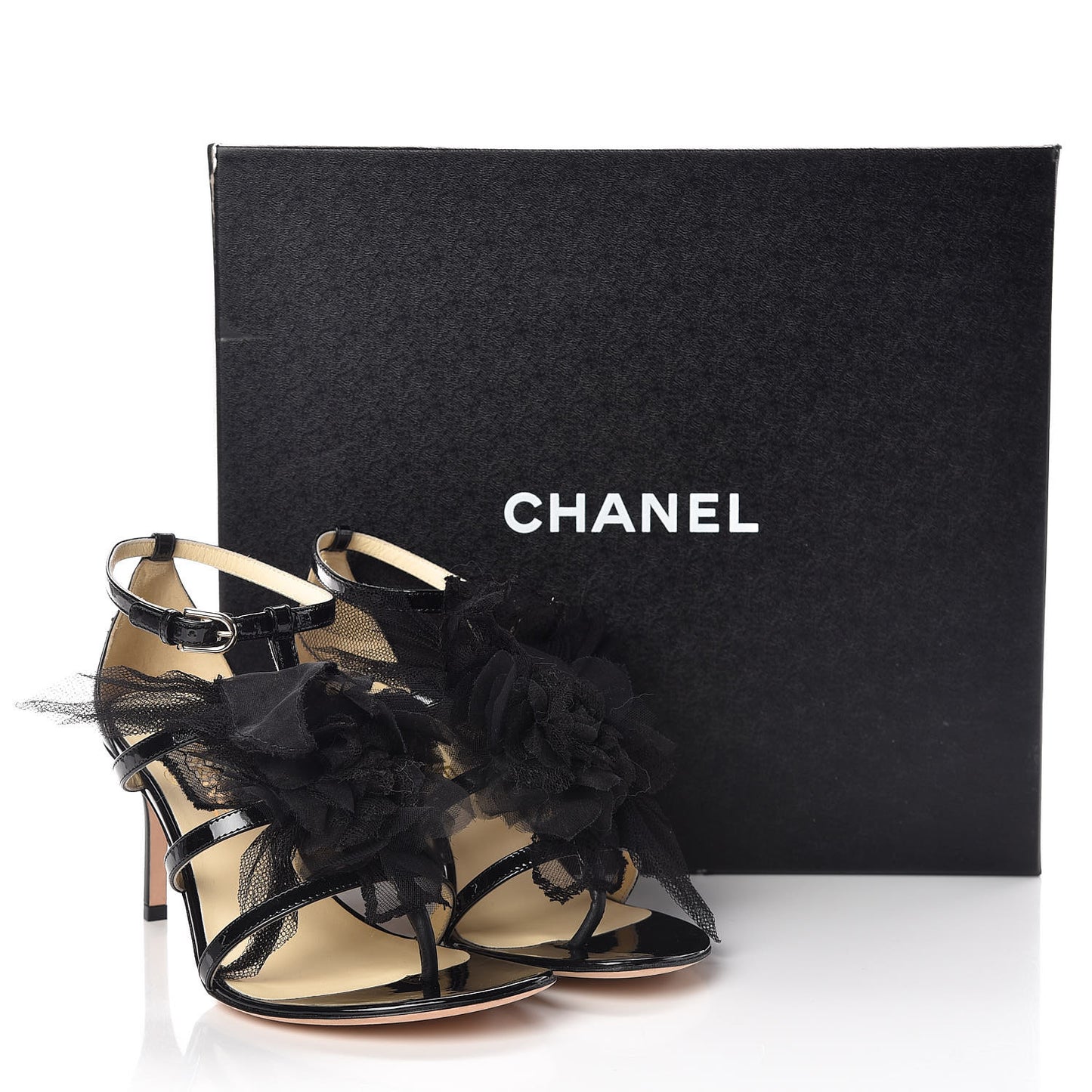 Patent Calfskin Tulle CC Sandals 36 Black