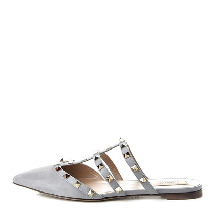 Valentino Garavani Suede Rockstud Flat Cage Mules 37.5 Pastel Grey 1 of 9