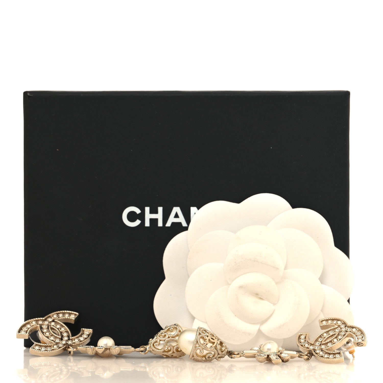 Chanel Metal Pearl Crystal CC Twist Teardrop Drop Earrings Gold 6 of 6