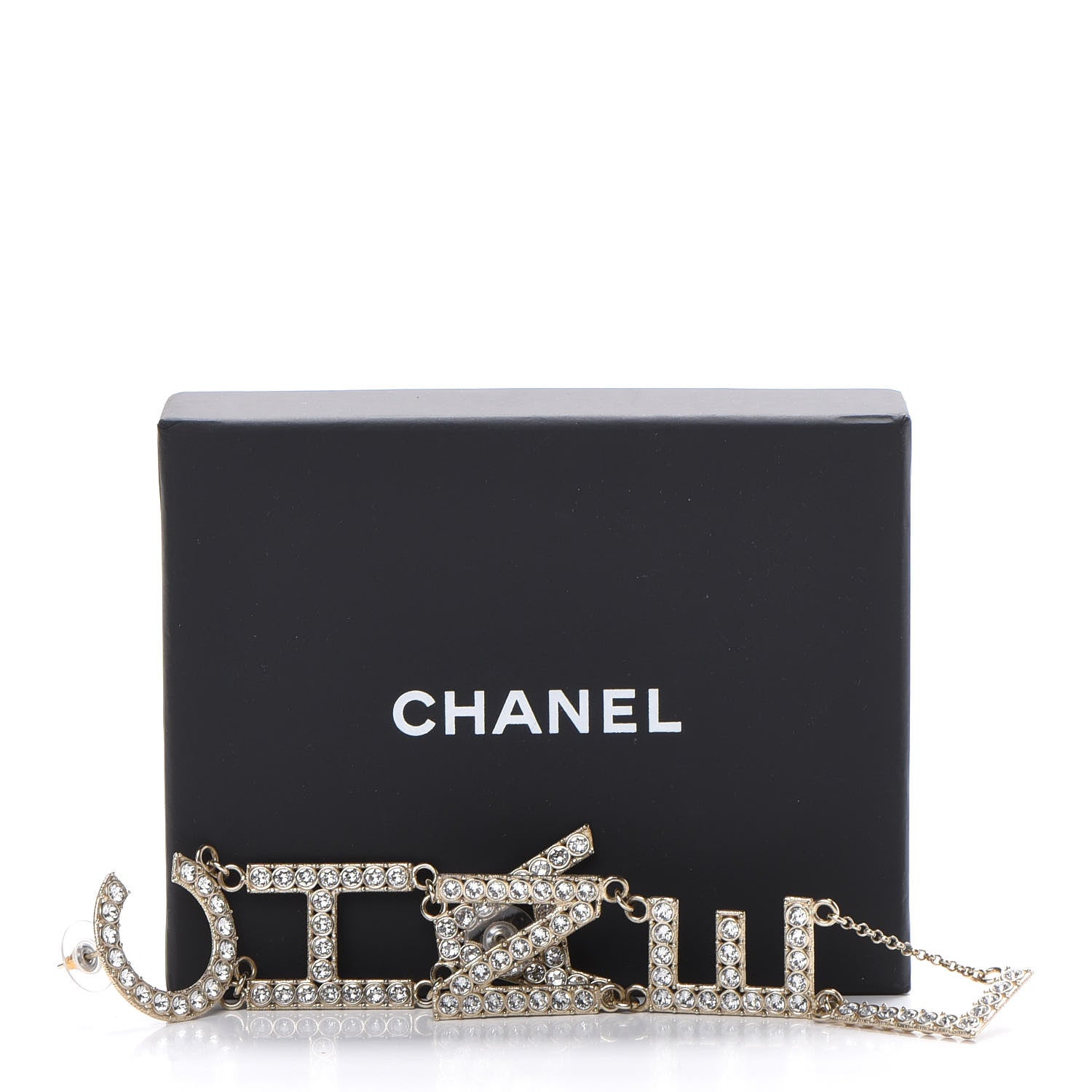 Chanel Crystal Cha-Nel Logo Drop Earrings Gold 5 of 5