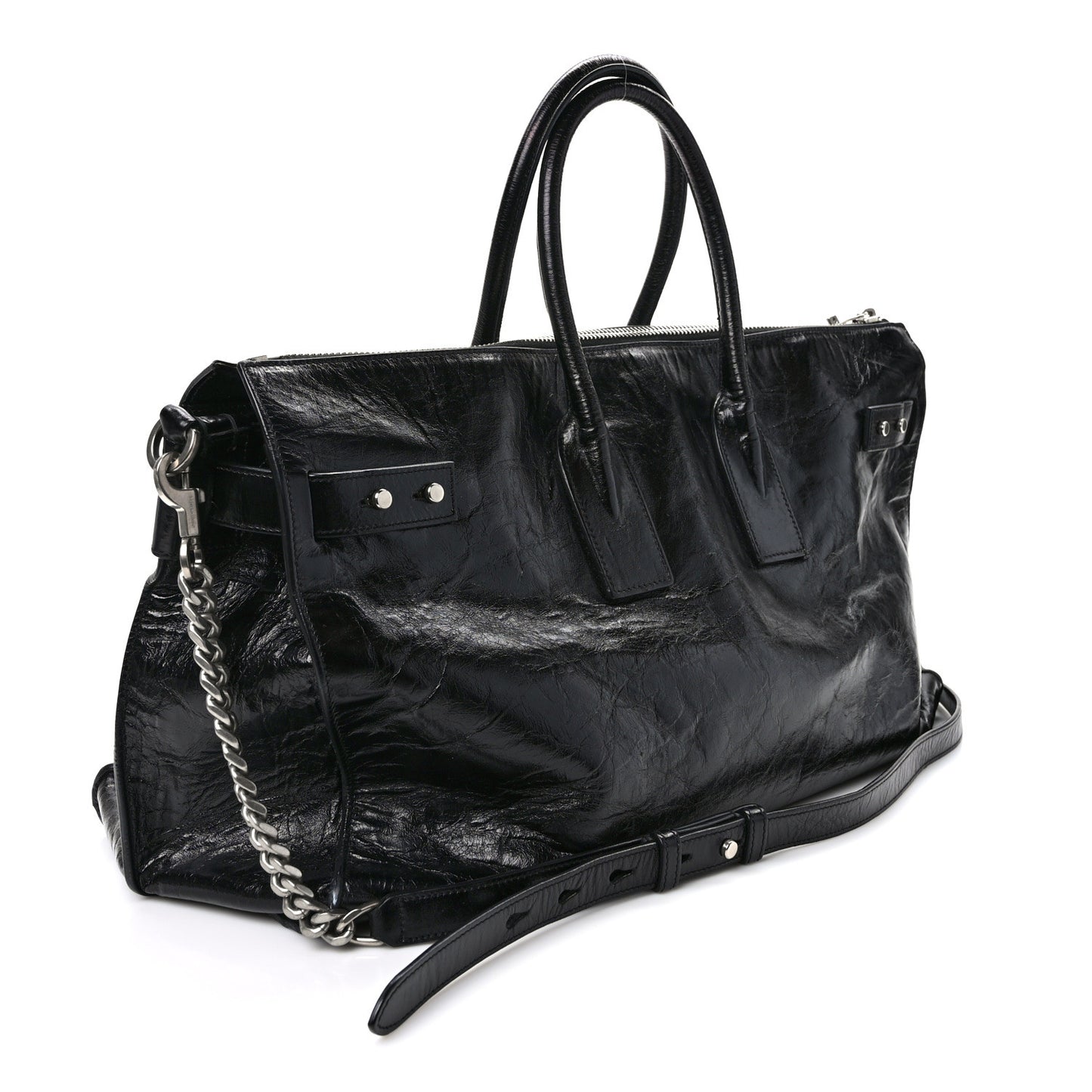 Cracked Shiny Calfskin Medium Souple Sac De Jour Duffle Black