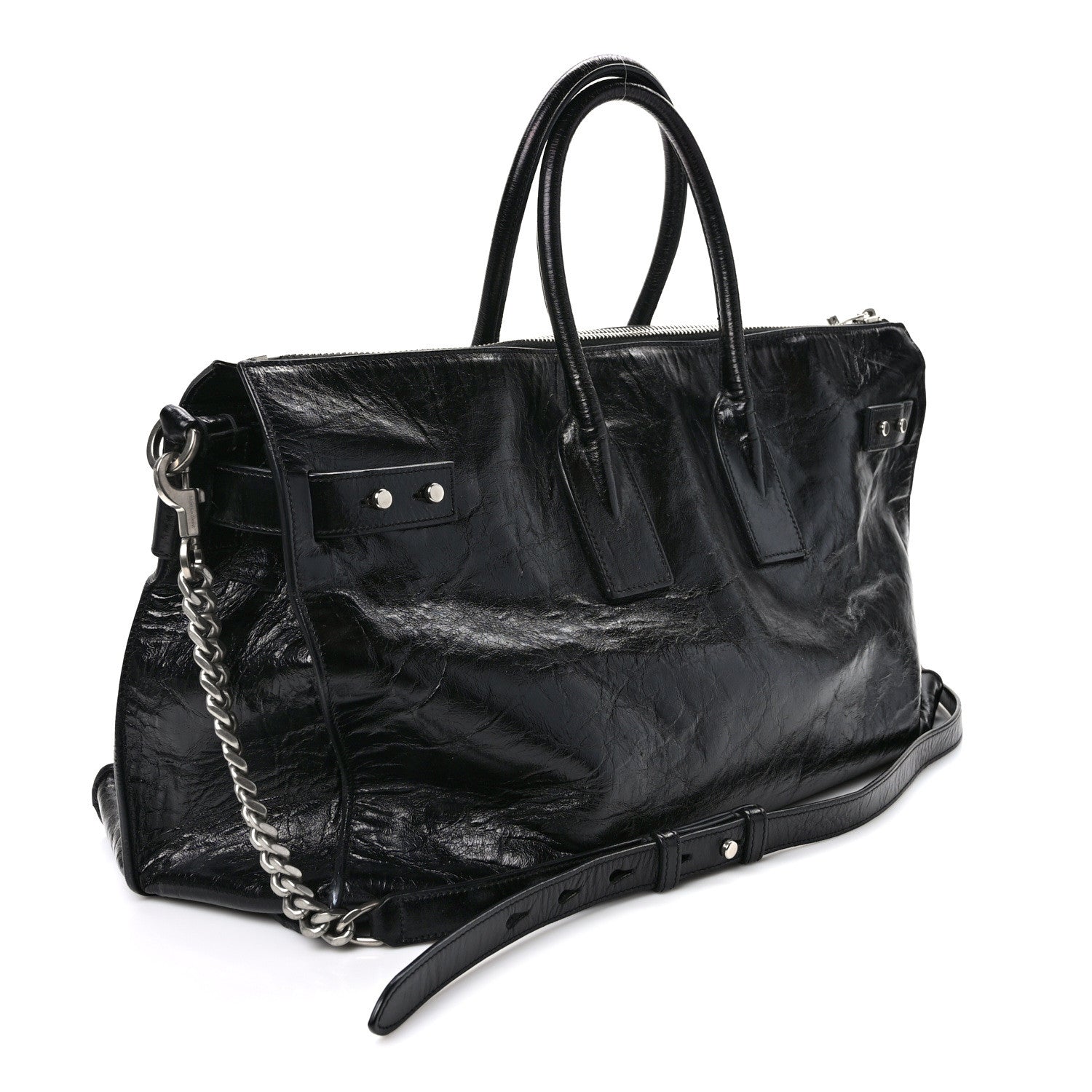 Saint Laurent Cracked Shiny Calfskin Medium Souple Sac De Jour Duffle Black 3 of 10