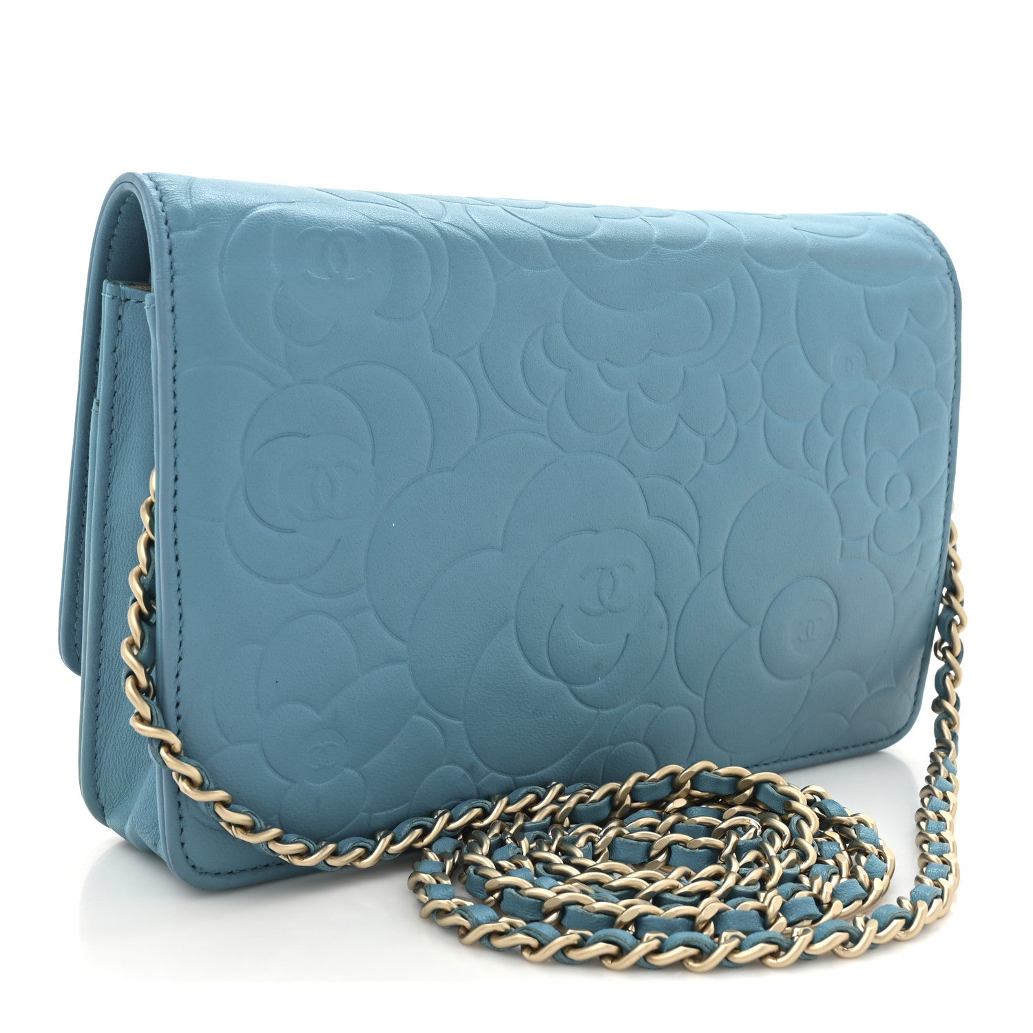 Chanel Lambskin Camellia Embossed Wallet On Chain WOC Turquoise 2 of 11