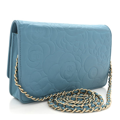 Chanel Lambskin Camellia Embossed Wallet On Chain WOC Turquoise 2 of 11