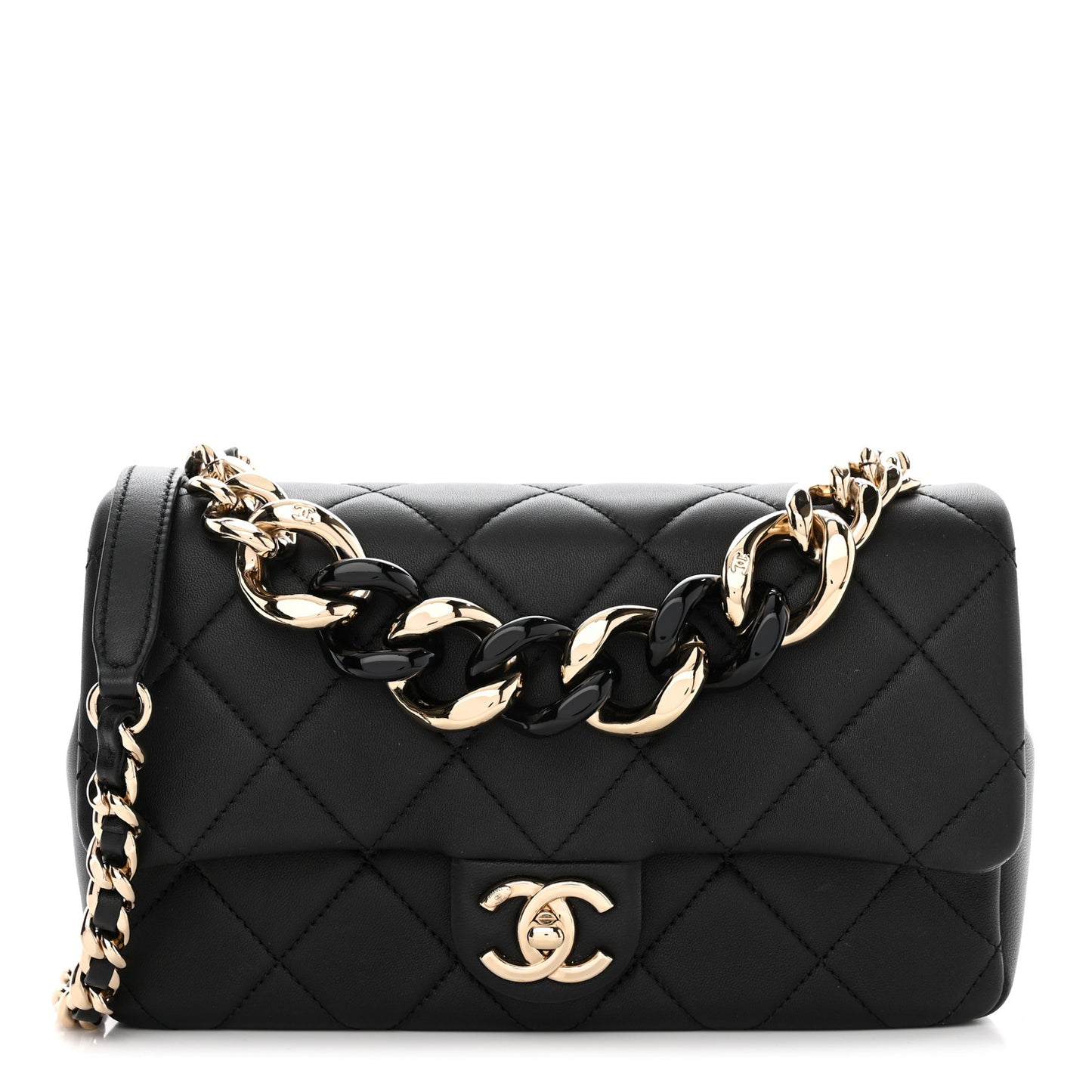 Lambskin Quilted Resin Bi-Color Chain Flap Bag Black