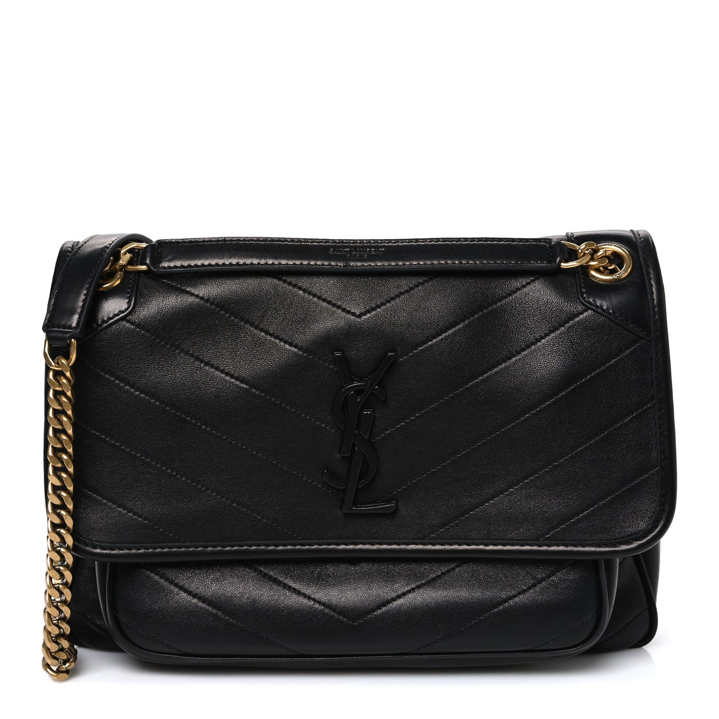 Lambskin Matelasse Monogram Medium Niki Chain Satchel Black