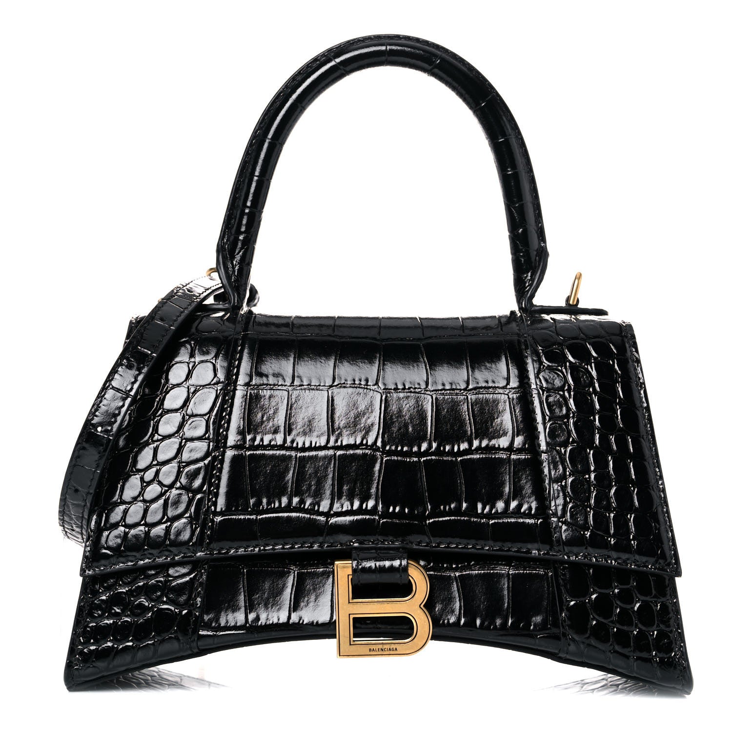 Balenciaga Shiny Calfskin Crocodile Embossed Small Hourglass Top Handle Bag Black 1 of 16