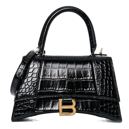 Balenciaga Shiny Calfskin Crocodile Embossed Small Hourglass Top Handle Bag Black 1 of 16