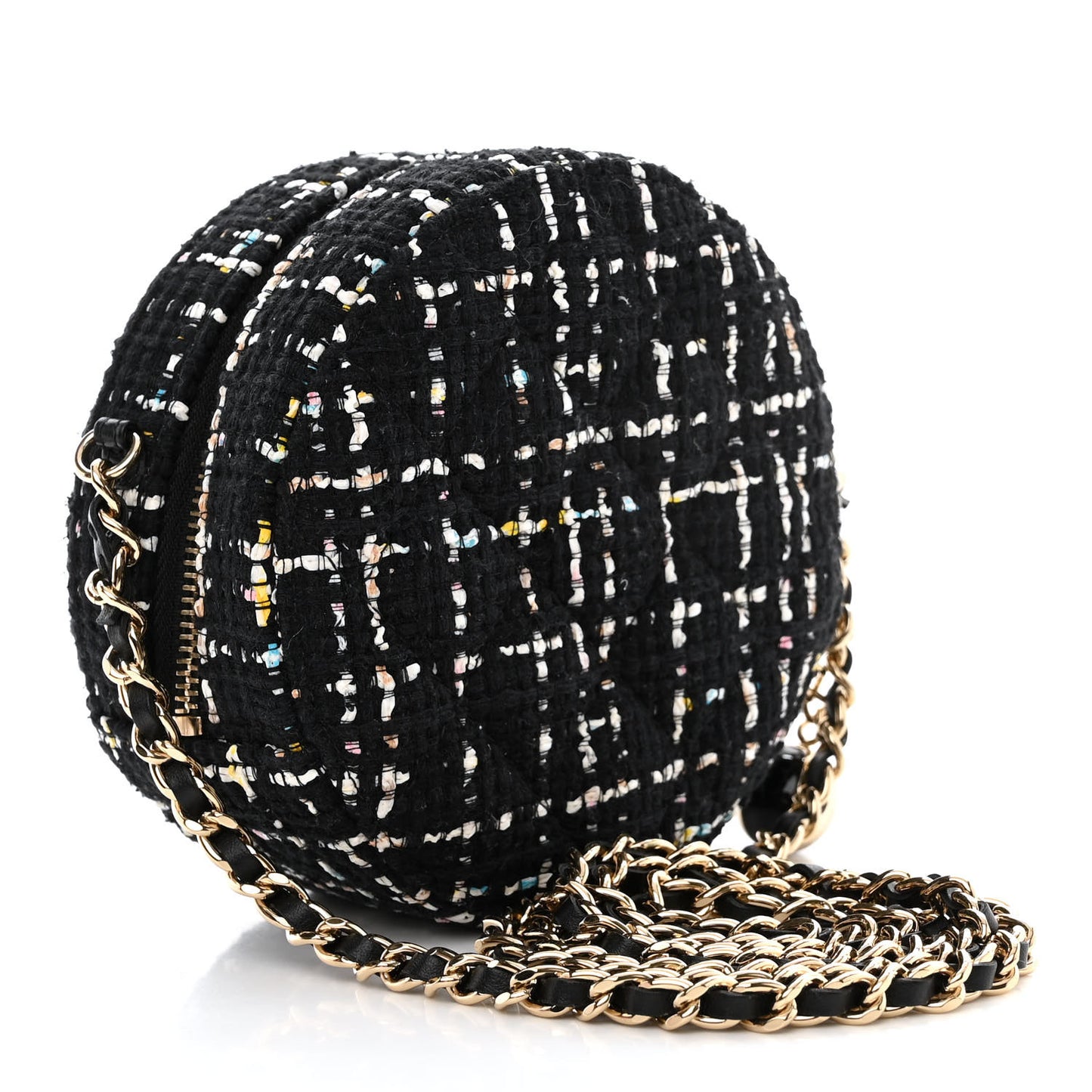 Tweed Round Clutch With Chain Black White Multicolor