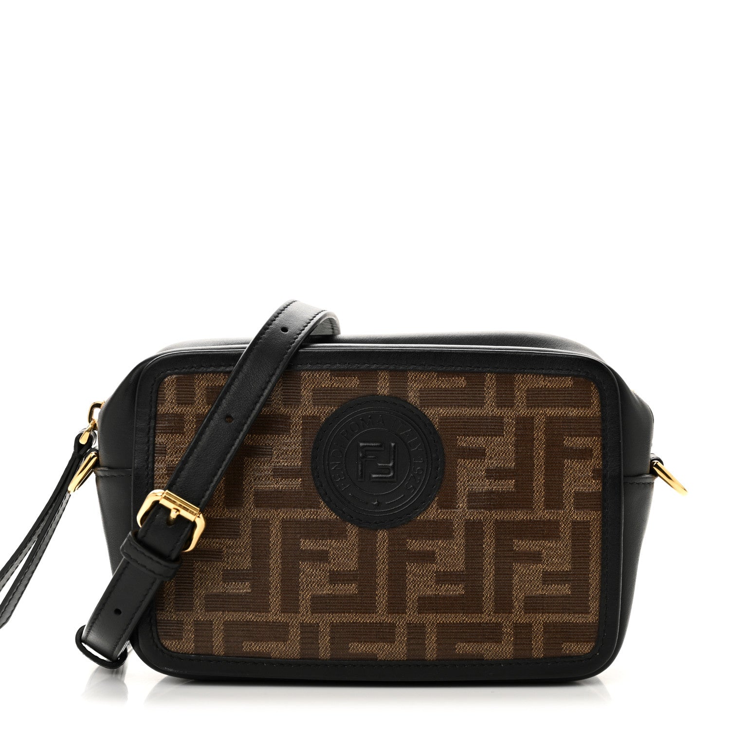 Fendi Glazed Fabric Vitello Century FF 1974 Stamp Patch Mini Camera Case Mogano Panna Black 8 of 10