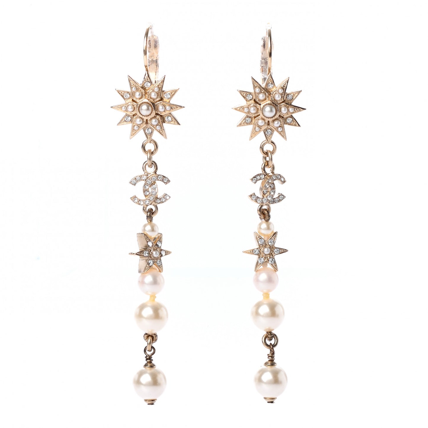 Crystal Pearl CC Star Dangle Earrings Gold