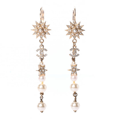 Chanel Crystal Pearl CC Star Dangle Earrings Gold 1 of 4