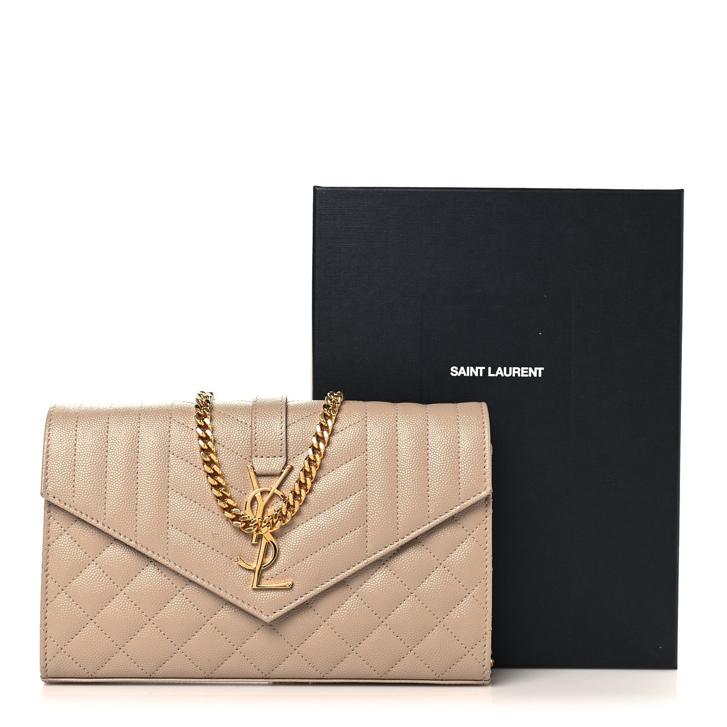 Saint Laurent Grain De Poudre Mixed Matelasse Triquilt Monogram Chain Wallet Dark Beige 12 of 12