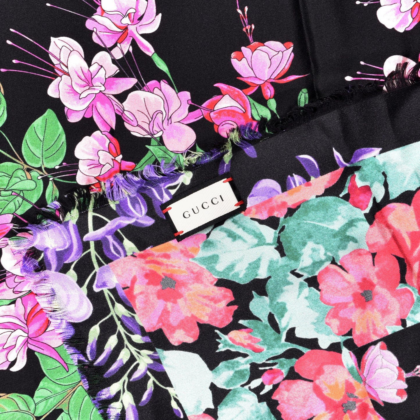 Silk Floral Fringe Scarf Black