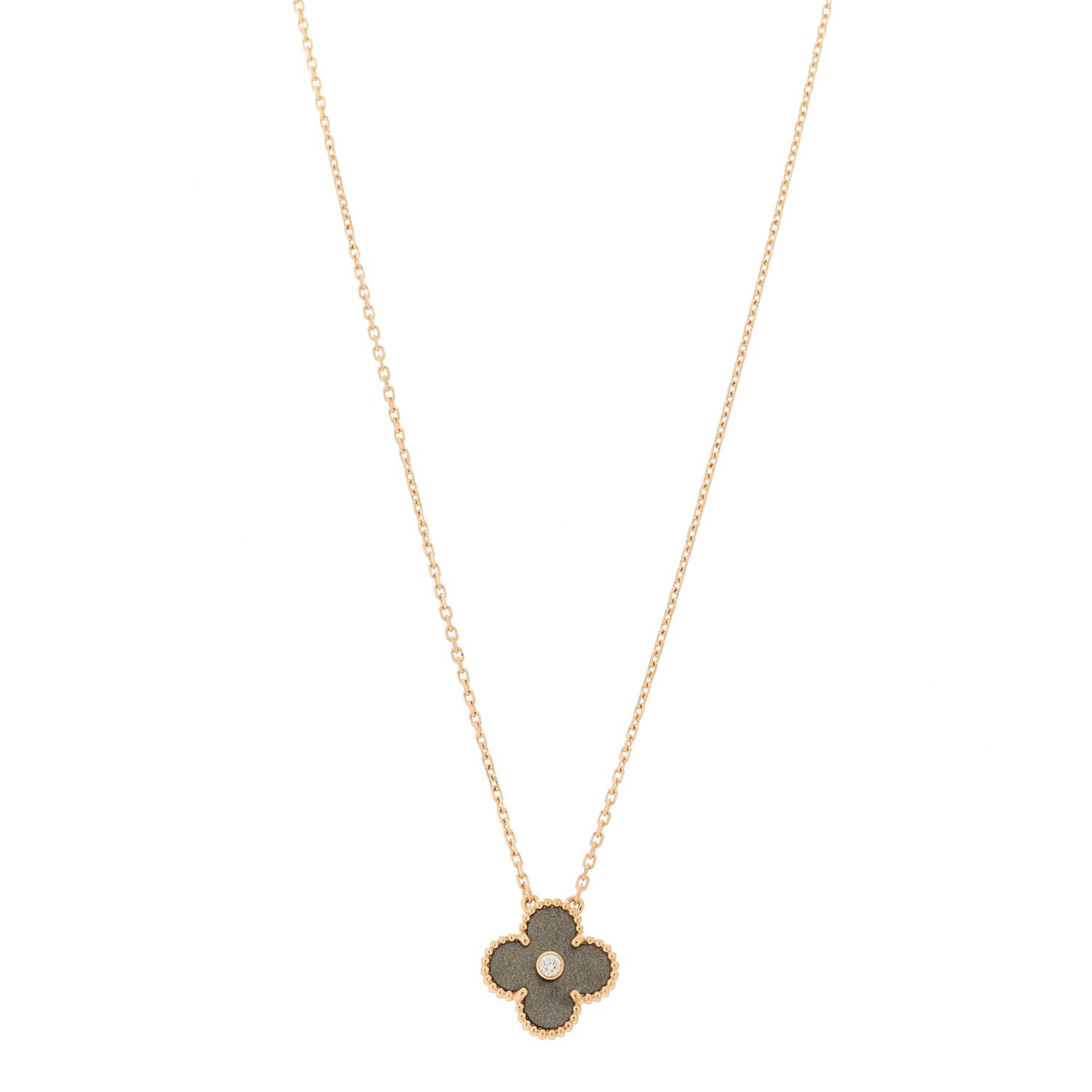 Van Cleef & Arpels 18K Rose Gold Diamond Silver Obsidian Vintage Alhambra Pendant Necklace 1 of 7