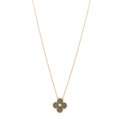 Van Cleef & Arpels 18K Rose Gold Diamond Silver Obsidian Vintage Alhambra Pendant Necklace 1 of 7