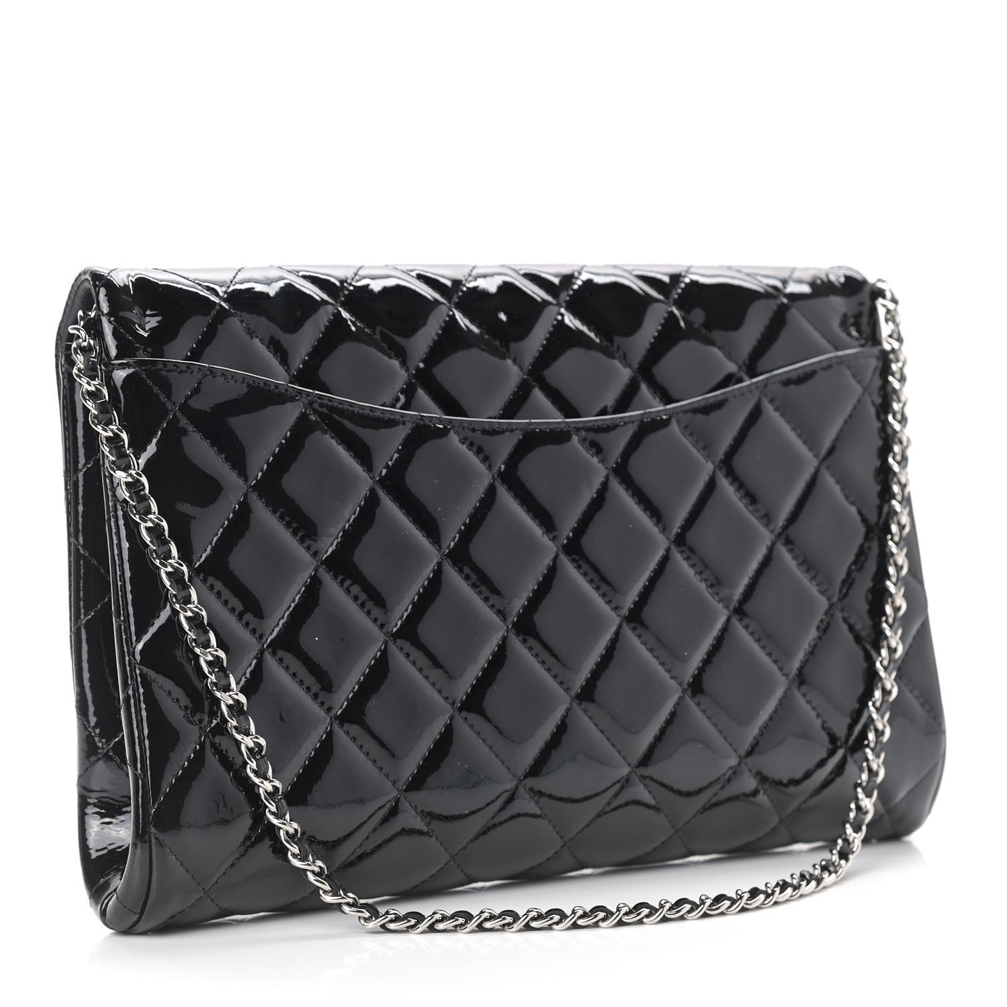Patent Quilted Clutch with Chain Flap Black