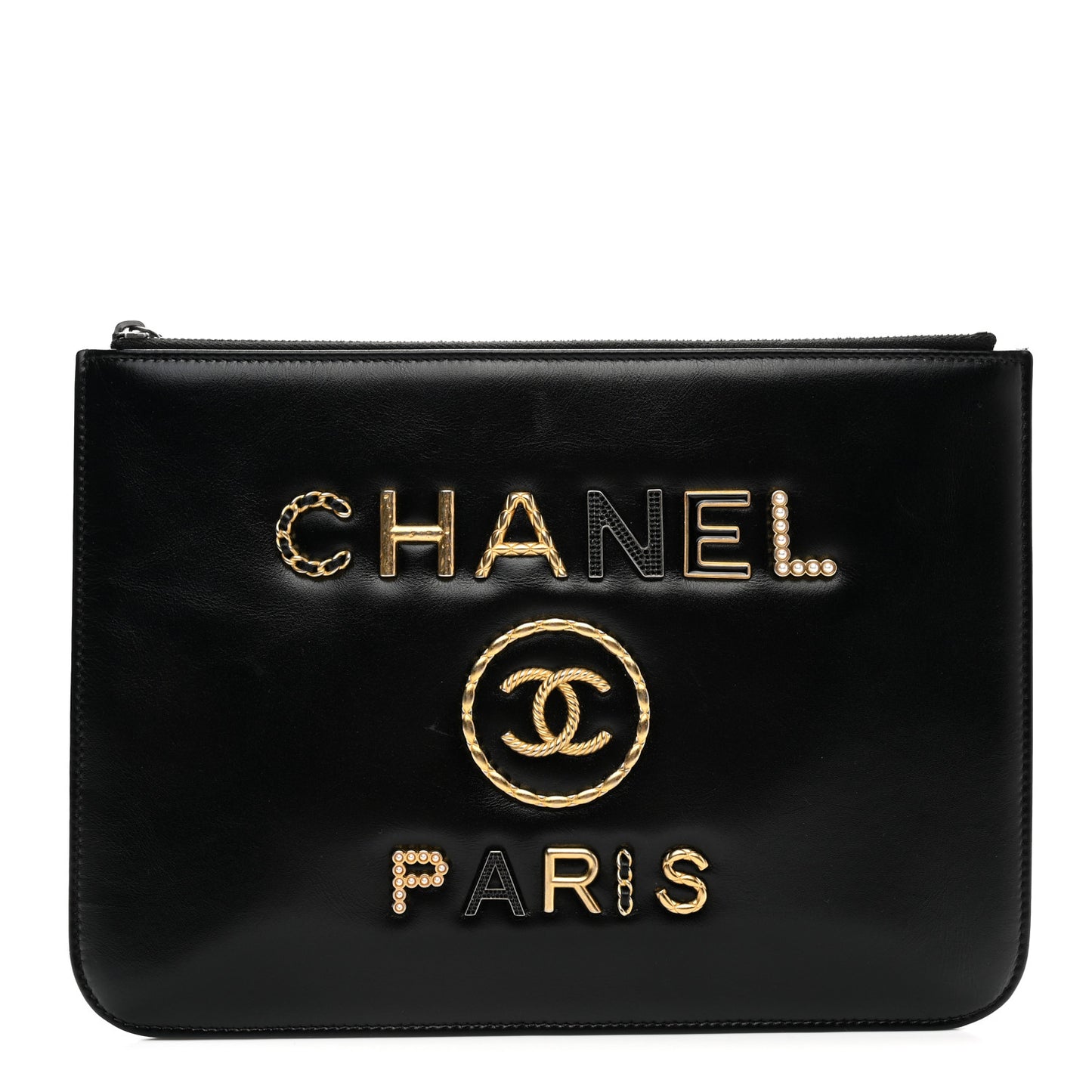 Shiny Calfskin Crystal Pearl Logo Cosmetic Case Black